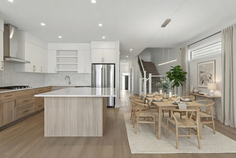 Kitchen and dining, stairs beyond